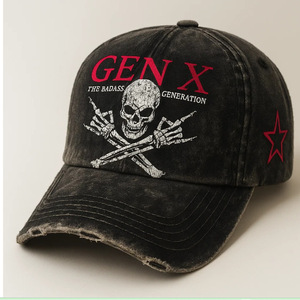 Casquette de baseball unisexe en jean délavé avec imprimé crâne Gen X, respirante, protection solaire, toutes saisons, en coton, personnalisable avec broderie - Product Image 1