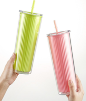 Nouvelle tasse à paille à double paroi à rayures verticales, design en plastique anti-fuite, grande capacité, moderne, minimaliste, portable pour voiture et maison