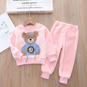 Mädchen-Kleidungssets Kinder-Flanell-Pyjamas Hauskleidung Lässige Warme Kinder- und Baby-Schlafanzüge Fleece Einfarbig - Product Image 6