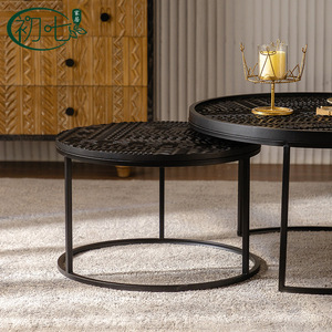 Juego de Mesa de Centro de Madera Maciza Nórdica Belga, Tallada, Redonda, Estilo Retro, Borde Artístico, para Uso Doméstico - Product Image 4