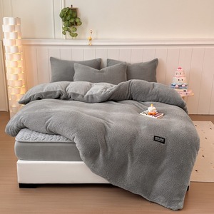 Parure de lit 4 pièces en velours de lait polaire <span class=keywords><strong>demi</strong></span>-face avec drap-housse matelassé, gris froid uni, doux et chaud - Product Image 1