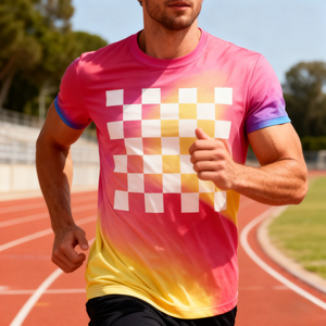 เสื้อยืดวิ่งแขนสั้นแห้งเร็วหลากสีแบบกำหนดเอง ลายตารางหมากรุกไล่เฉดสี น้ำหนักเบา เหมาะสำหรับออกกำลังกายในยิม - Product Image 6