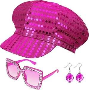 Set de 3 Piezas de Disfraz de los <span class=keywords><strong>70</strong></span> con Lentejuelas, Sombrero Disco Abba, Gafas de Sol <span class=keywords><strong>y</strong></span> Aretes para Mujer, Accesorios para Fiesta - Product Image 1