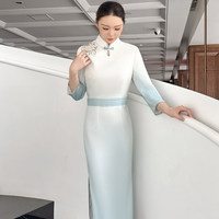 Robe Qipao bleu clair, robe Cheongsam, robe de carrière pour femmes, Qipao moderne, robes pour femmes, tenue de bureau pour femmes