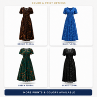 Gaun Maxi Kasual Wanita Musim Gugur Bahan Kasmir Berdetail Kerut Motif Bunga Grosir Kerah V Lengan Mengembang Pinggang Empire OEM ODM Label Pribadi