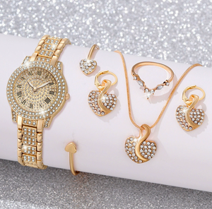 Cross-Border Popular Roman Pattern Diamond Studded Quartz <b>Watch</b> Bracelet Dotted Diamonds Heart-Shaped Necklace and Earring <b>Set</b> - Product Image 1