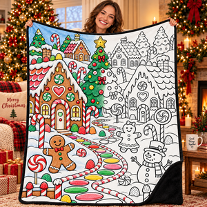 Manta de Franela Personalizada para Colorear de Navidad con 24 Marcadores para Niños, Manta de Arte DIY con Diseño de Casa de Dulces, Hombre de Jengibre y Muñeco de Nieve - Product Image 1