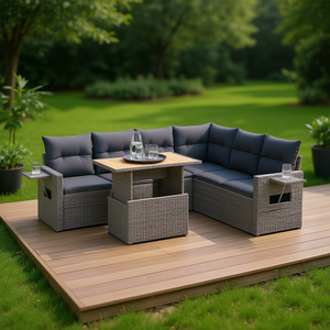 Ensemble de canapés de jardin modulaires en rotin gris, 6 places, mobilier d'extérieur contemporain, résistant aux intempéries - Product Image 2