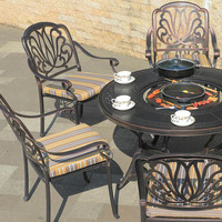 Ensemble de salle à manger d'extérieur moderne en aluminium 7 pièces avec 6 chaises, table ronde, résistant aux UV, empilable, pour hôtel, entrée et salon