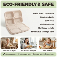 Boîte à lunch jetable biodégradable en amidon de maïs à 4 compartiments avec couvercle, capacité de 850 ml, emballage alimentaire à emporter