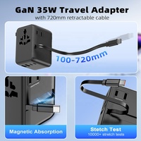 Worldplug 35W PD GaN Chargeur rapide Adaptateur de voyage universel avec câble rétractable Type-C Multi-Plug pour ordinateur portable et écouteurs