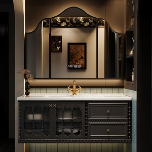 Retro smart bathroom cabinet <b>wall</b>-mounted with irregular LED <b>mirror</b> and cosmetic storage box - Product Image 5