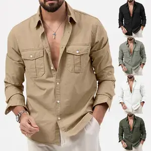 新款热销设计师绿色复古衬衫男士休闲长袖重棉水洗带口袋货物衬衫
