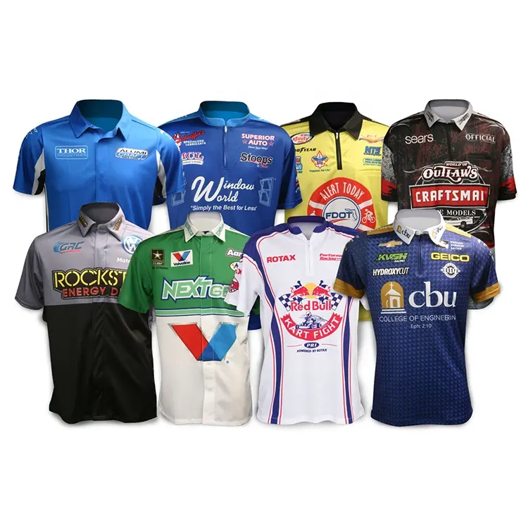 Venta al por mayor personalizado Racing Pit Crew camisa Unisex botón completo abajo Racing Polo sublimado XXL tamaño ropa deportiva OEM nombre del equipo