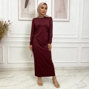 9.9 <b>Abaya</b> Dress Solid Color Little Bouncy Jersey Material Lace up on Both Side Simplicity Chic Long Slim Sleeves Dress 6736# - Product Image 4