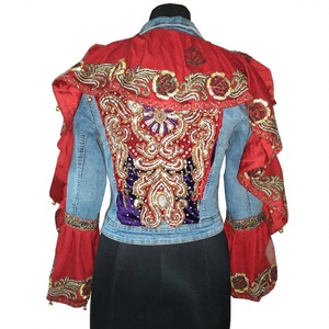 <b>Women's</b> Denim Trucker <b>Jacket</b> With Red Embroidered Cape Floral Pattern Turn-Down Collar Full Sleeve <b>Spring</b> Style - Product Image 3