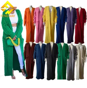 2024 Fall Winter Solid Color Twist Knitted Cardigan Fashion Pockets Sweater Coat Women Thicken Long Cardigan