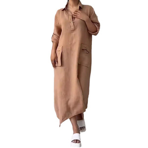 Tốt Nhất Bán Cộng Với Kích Thước Dài Dresses Phụ Nữ Giản Dị Cotton Linen Vải Nửa Tay Áo Ve Áo Maxi Dress Phụ Nữ Với Túi - Product Image 4