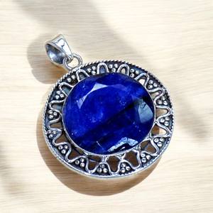 Lunette ronde naturelle faite à la main avec saphir bleu pendentif en argent Sterling 925 bijoux fins pour femmes - Product Image 1