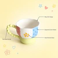 Mug en céramique avec poignée perlée jaune-vert 400 ml, tasse à café à fleurs peinte à la main pour la maison ou le bureau