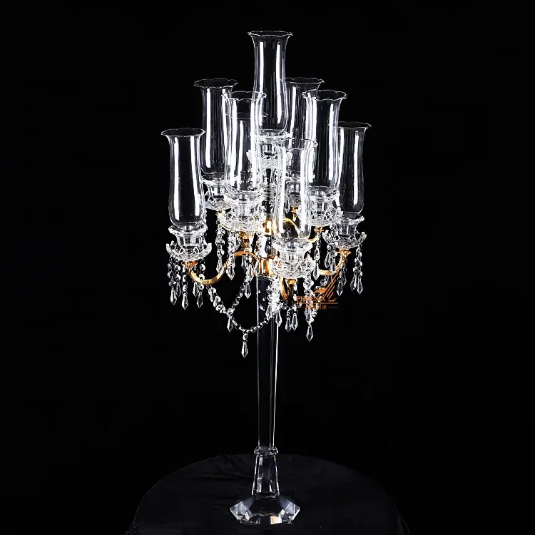 Candelabro de cristal para boda, centro de mesa, 9 velas de largo alcance, brazos de metal dorado, portavelas de cristal, a la venta