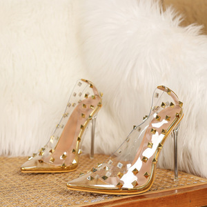 Chaussures d'été transparentes à talon fin 2026 pour femme, avec rivets décoratifs, bouche peu profonde, talon ultra-haut sexy de 11 cm, tendance - Product Image 3