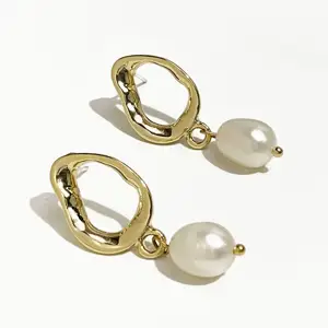 Brincos de pérola oco, joias da moda natural de água doce, brincos com pingente de pérola, oval, para mulheres e meninas, 18k, brincos de pérola banhados com ouro real