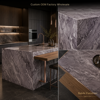 Meubles de cuisine modernes personnalisables OEM/ODM, en acier inoxydable laqué noir brillant, avec plan de travail en marbre, prêts à assembler (design plat)