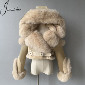 Jxwatcher Giacca in Vera <span class=keywords><strong>Pelliccia</strong></span> di Volpe Personalizzabile all'Ingrosso, <span class=keywords><strong>con</strong></span> <span class=keywords><strong>Cappuccio</strong></span>, Corta, <span class=keywords><strong>con</strong></span> Cintura, in Vera Pelle di Montone per Donne - Product Image 5