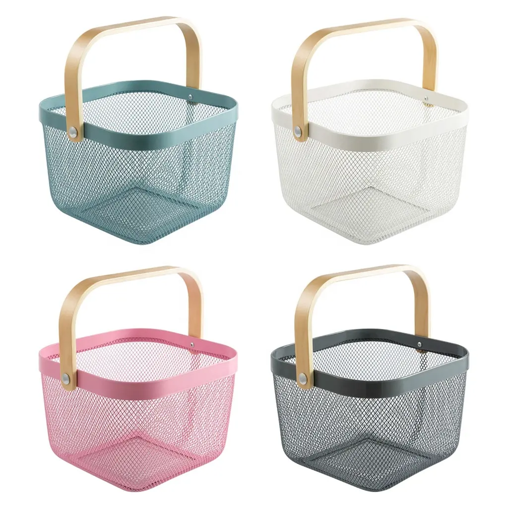 Panier carré en métal avec poignée boisée pour le rangement de la cuisine Panier organisateur de paniers de fruits pour le jardin des aliments