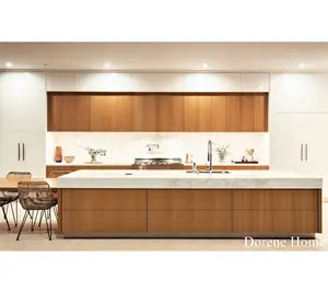 2024 Dorene Hot Selling Brown Wooden Grain White Lacquer High gloss Kichen Cabinet Sets Modular With Center Island