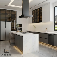 Nouvelle Cuisine Chinoise Premium Brisbane, Grande Îlot-Cuisine en Pierre Personnalisée avec Verre Trempé, Rangement et Éclairage LED, Garde-Manger Intégré