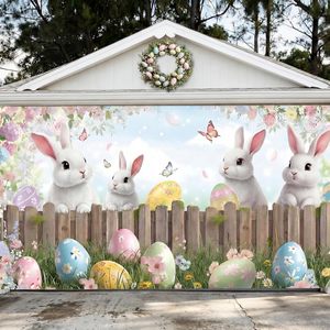 Bannière de porte de garage de Pâques, motif lapins bruns mignons, panier et œufs colorés floraux, housse de porte de garage personnalisable, décoration extérieure pour fête - Product Image 3