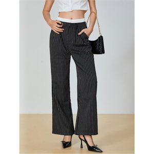 Pantalon large rayé pour femme, taille haute, infroissable, avec poches, décontracté, pour le travail ou le bureau - Product Image 1