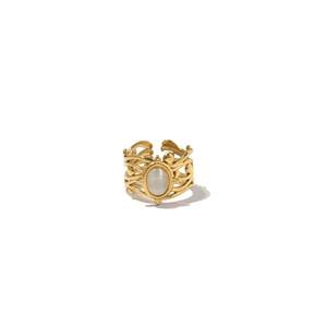 Fashion <b>Ring</b> 316L Stainless Steel PVD Gold Plating Oval Stone <b>Adjustable</b> Band For Women - Product Image 1