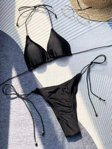 Купальник-бикини из шифона однотонного цвета с треугольными чашечками и бретельками, комплект из 2 предметов, для пляжа и бассейна, сексуальный, раздельный, от AliExpress - Product Image 5