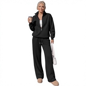 Conjunto de 2 Piezas para Mujer, Sudadera de Felpa, Pantalones Anchos de Felpa, Color Sólido, Casual, para Todas las Temporadas, con Cierre y Cordón Ajustable - Product Image 1
