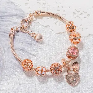 DIY Accessories Wholesale Diamond Beads Rose Love Heart Charm Bracelet Crystal Beads Rose Love Lock Pendants Bracelet