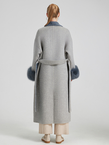 QC25009 Giacca <span class=keywords><strong>Lunga</strong></span> in Lana di Lusso da Donna, Stile Vintage Traspirante con Cintura e Vera <span class=keywords><strong>Pelliccia</strong></span> di Volpe, Moda Invernale - Product Image 5