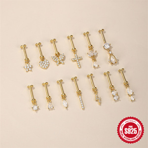 Piercing Labret sans fil en argent sterling 925, motif fleur et étoile, avec zircon CZ transparent doré vintage, pour lèvre - Product Image 4