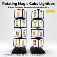 Boîte lumineuse LED rotative à 360 degrés, autoportante, OEM ODM, cube magique, affichage de menu éclairé sur 4 faces pour les magasins de bubble tea et les restaurants