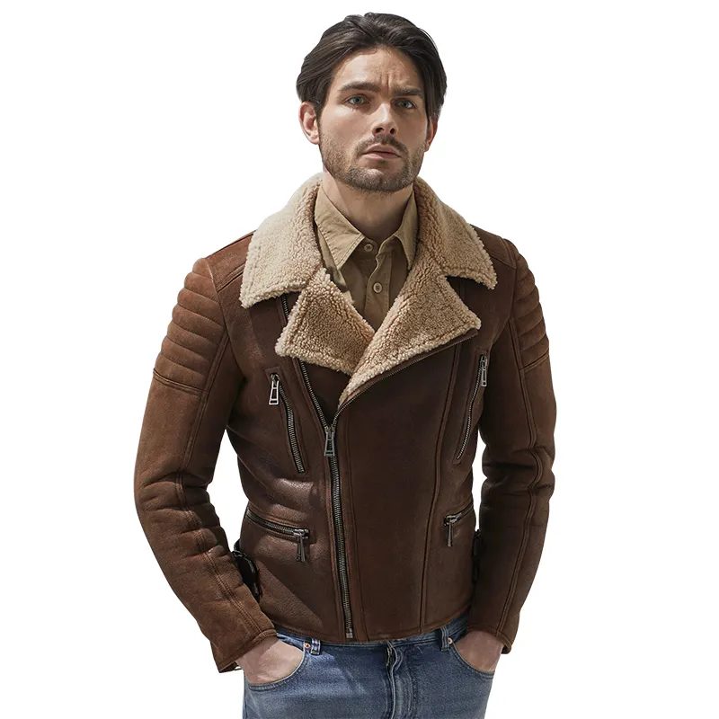 2020 Winter Brown Motorcycle Suede Bomber PU Leather Jackets Men