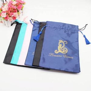 Sac à cordon personnalisé en satin de soie pour extensions capillaires avec pompons, pochettes à bijoux personnalisées pour cheveux et perruques, emballage textile - Product Image 6