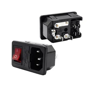 Tomada de energia ac 10a 250v, receptáculo com interruptor vermelho de rocker e suporte de fusível tomada 3/4 pinos cei 320 c14 conector de entrada