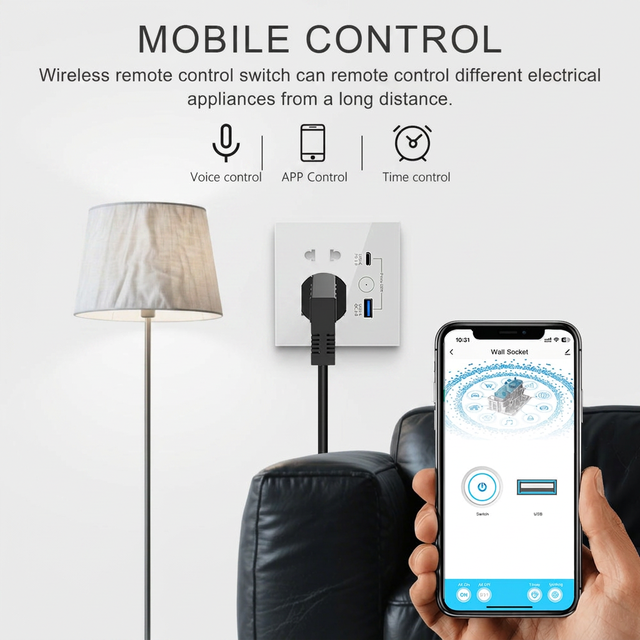OCY UK Energy Saving USB Type-C Fast Charger with Five Hole Zigbee WiFi Tuya APP Control 13A Max Smart Wall Socket