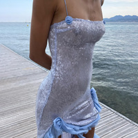 Nouvelle robe longue d'été pour femme, sexy, sans col, à sequins, avec volants et fleurs 3D, à bretelles