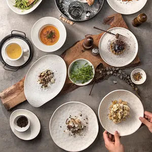 Professional Tableware Dishes Supplier Creativity Unique Speckle Matte White Porcelain Soup Pasta Plate For Hotel Restaurant