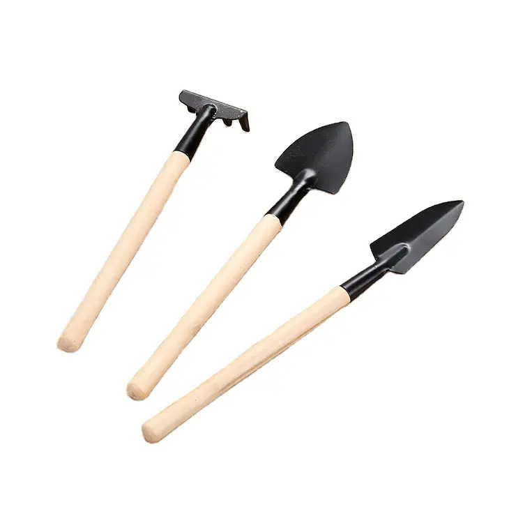 Cheap multifunctional garden tools wooden handle spade metal small mini garden shovel rake 3 piece set