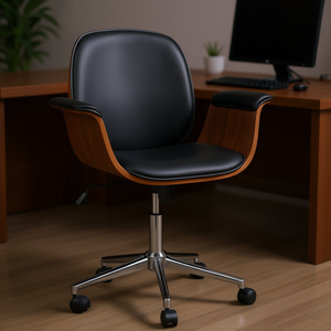 Chaise de bureau en cuir PU noir avec structure en bois, base chromée, pivotante, design moderne pour mobilier de bureau - Product Image 2