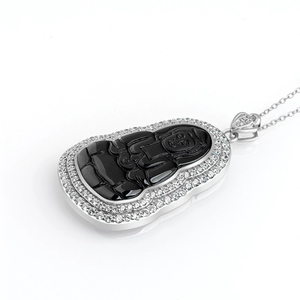 High-end natural <b>jadeite</b> A-grade <b>green</b> jade statue pendant in transparent <b>green</b> color. Set with S925 silver. - Product Image 1